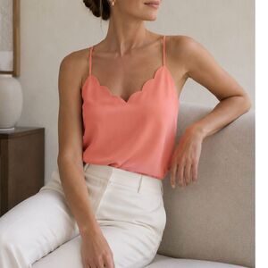 J.Crew Scalloped Cami Top Size 2 Coral Pink Racerback Feminine Preppy Blouse